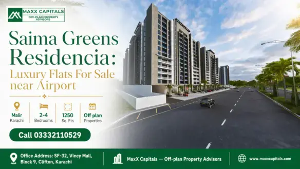 Saima Greens Residencia Tower Rendering With Palm-Lined Road And Modern High-Rise Facade
