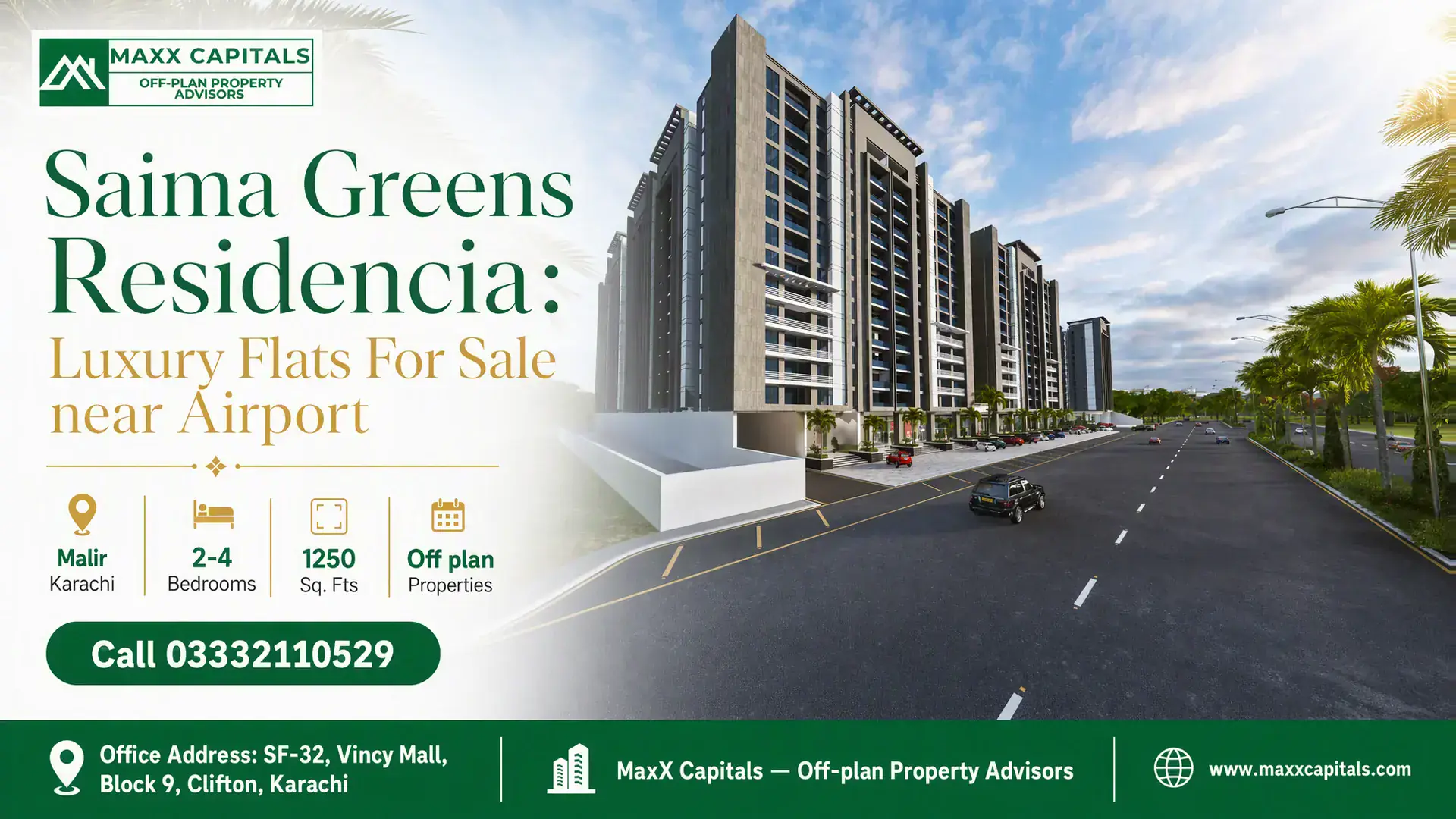 Saima Greens Residencia: Luxury Flats For Sale near Airport Saima Greens Residencia tower rendering with palm-lined road and modern high-rise facade