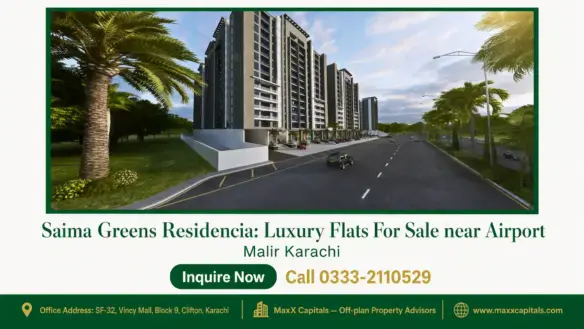 Saima Greens Residencia tower frontage beside a landscaped boulevard with palm trees and parking access