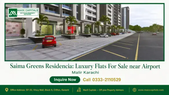 Saima Greens Residencia tower frontage with retail-style ground floor, landscaped palms, and broad roadside parking