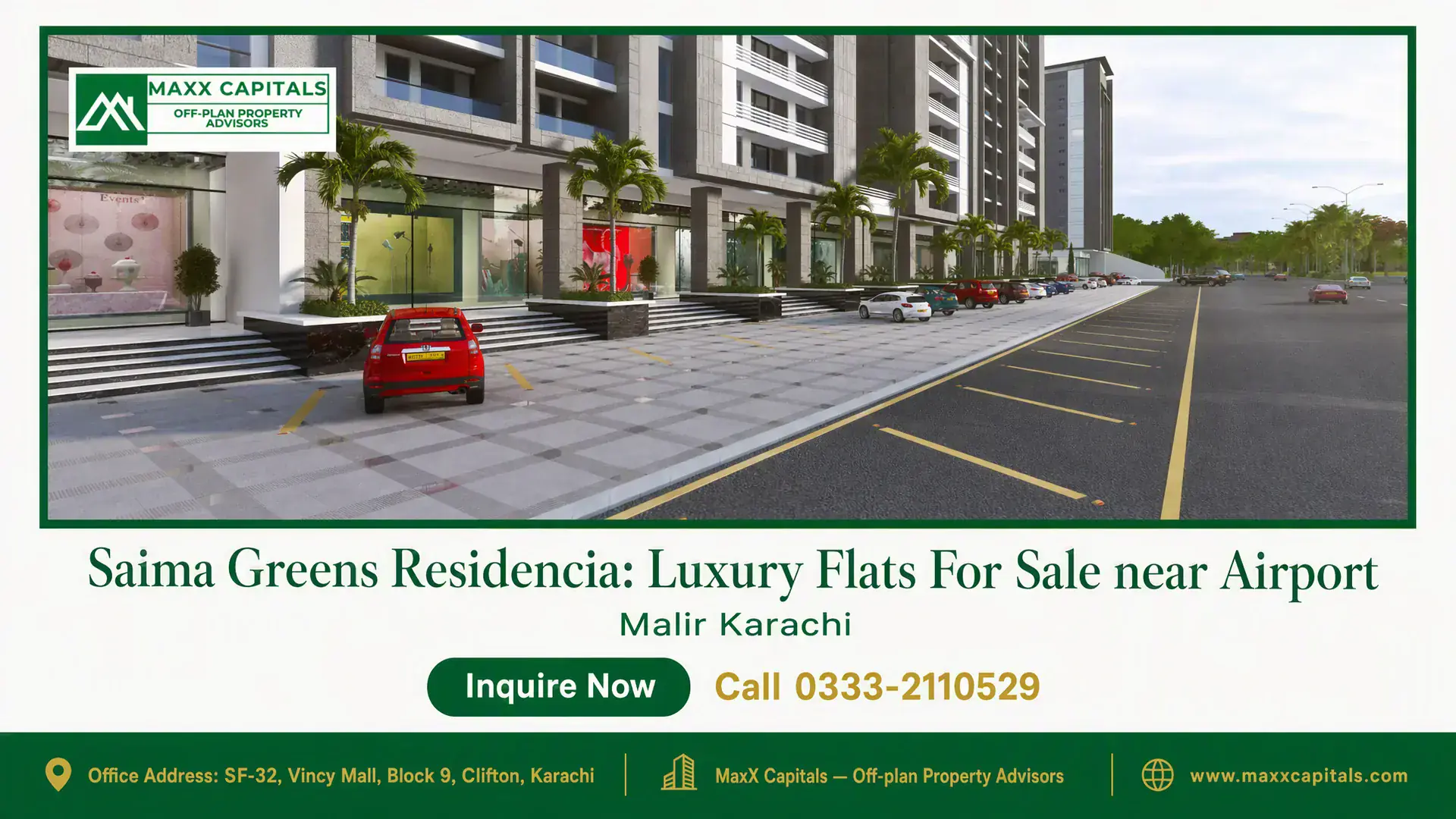 Saima Greens Residencia: Luxury Flats For Sale near Airport Saima Greens Residencia tower frontage with retail-style ground floor, landscaped palms, and broad roadside parking