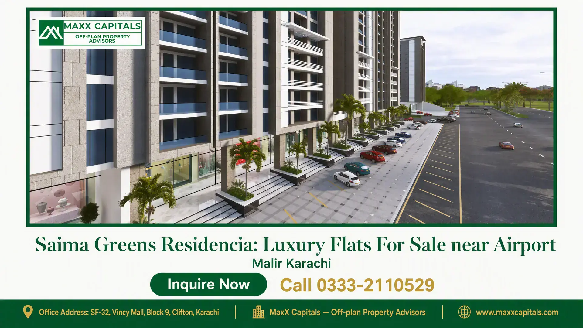 Saima Greens Residencia: Luxury Flats For Sale near Airport Saima Greens Residencia tower facade with balconies, glass front, podium parking, and palm-lined entrance