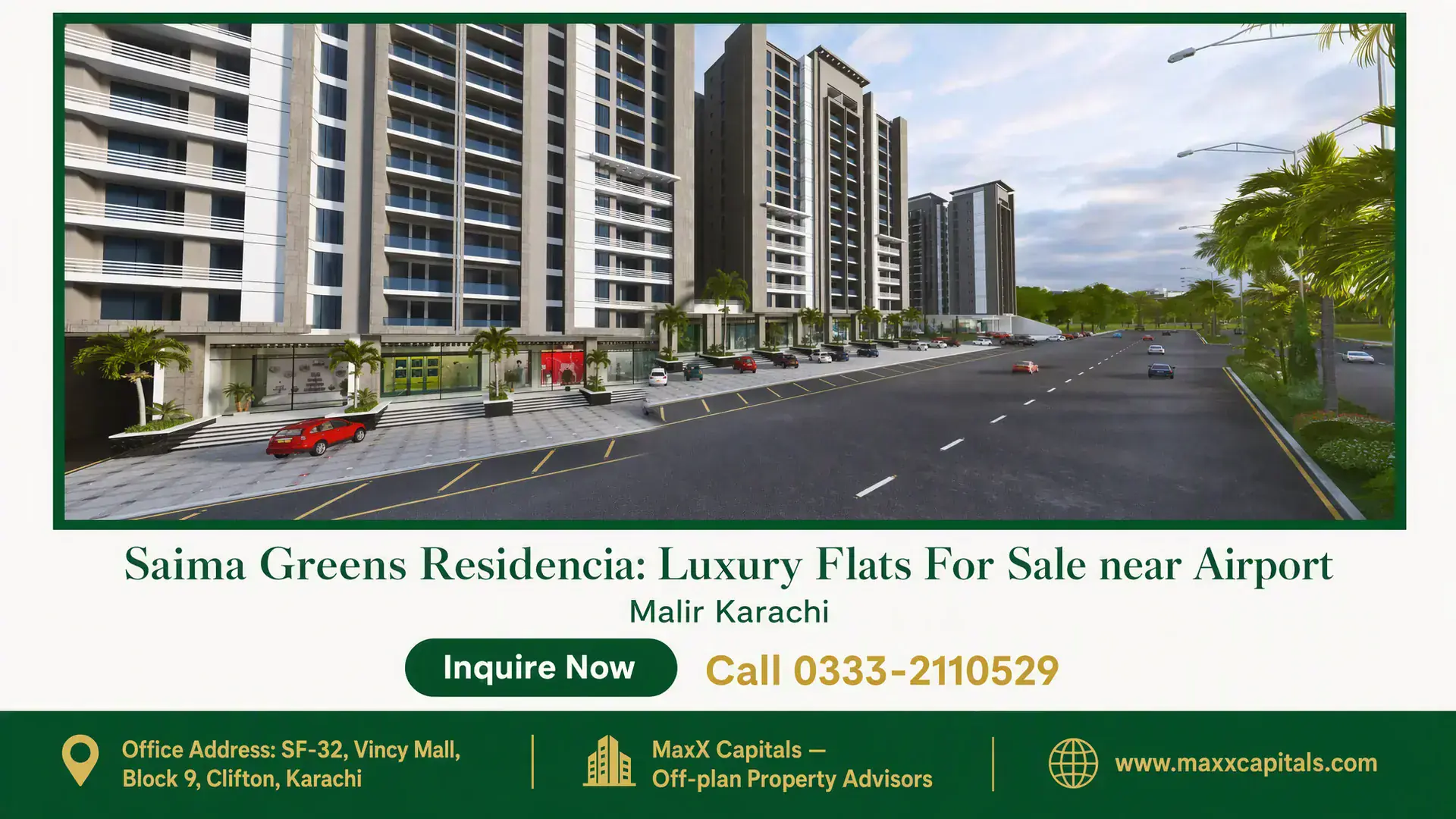 Saima Greens Residencia: Luxury Flats For Sale near Airport Saima Greens Residencia towers line a wide landscaped boulevard with podium retail and modern glass balconies