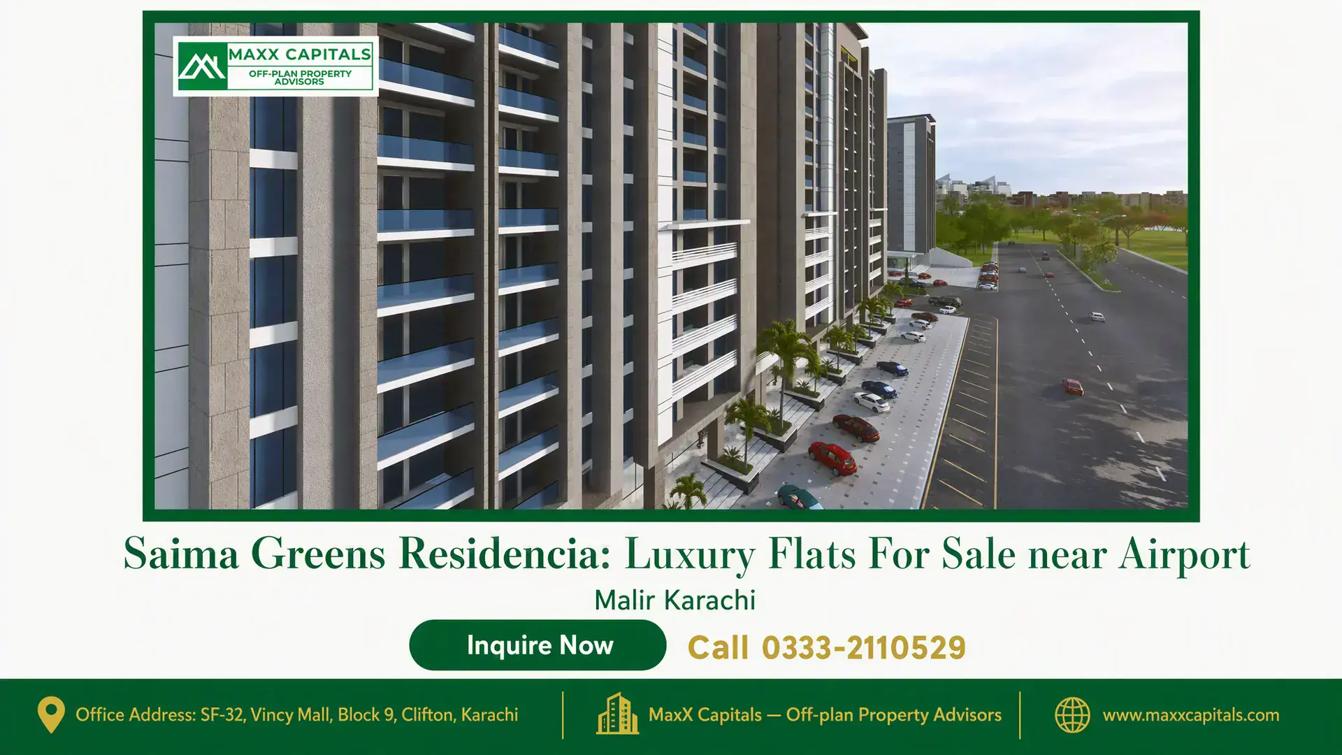 Saima Greens Residencia: Luxury Flats For Sale near Airport Saima Greens Residencia tower facade with balconies, podium parking, and landscaped driveway near the airport