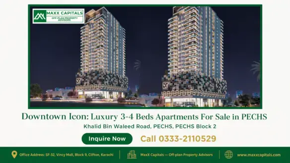Twin high-rise luxury apartment towers with illuminated facades in PECHS, Karachi at night, branded as Downtown Icon.