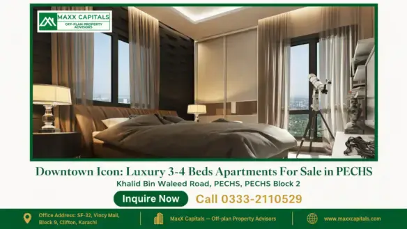 Luxury bedroom with large windows, modern furnishings, ambient lighting, and view of PECHS skyline in Downtown Icon apartment