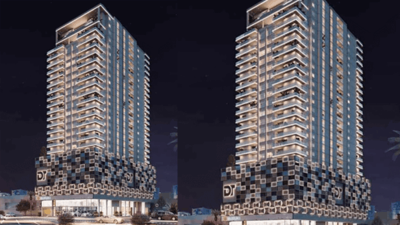 Night View Of Downtown Icon Luxury Apartments In Pechs, Twin High-Rise Towers With Glass Facades, Balconies, Mosaic-Patterned