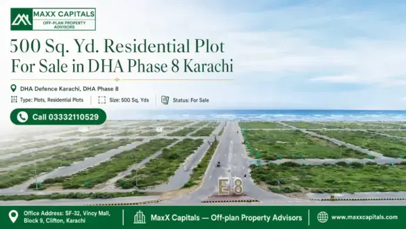 A 500 Sq. Yd. Residential Plot For Sale In Dha Phase 8 Karachi, Showcasing Paved Roads And Proximity To The Sea Under A Clear