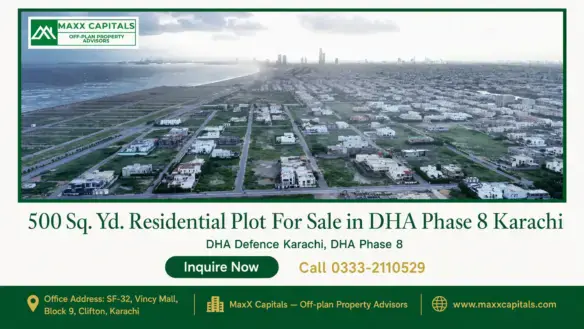 Aerial view of developed and vacant residential plots in DHA Phase 8 Karachi near the coastline.