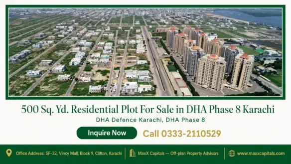 Aerial view of DHA Phase 8 Karachi featuring well-planned residential plots, modern apartments, green spaces, and road networ
