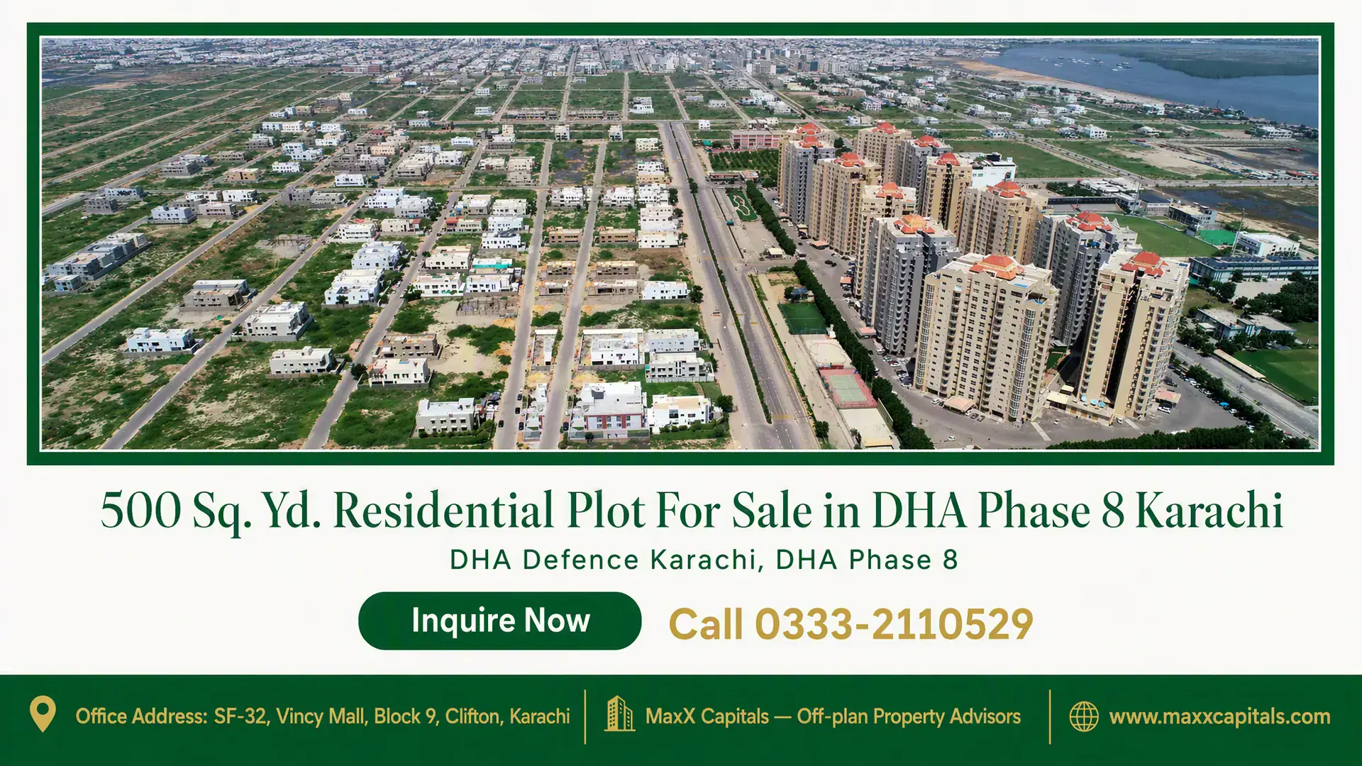 500 Sq. Yd. Residential Plot For Sale in DHA Phase 8 Karachi Aerial view of DHA Phase 8 Karachi featuring well-planned residential plots, modern apartments, green spaces, and road networ
