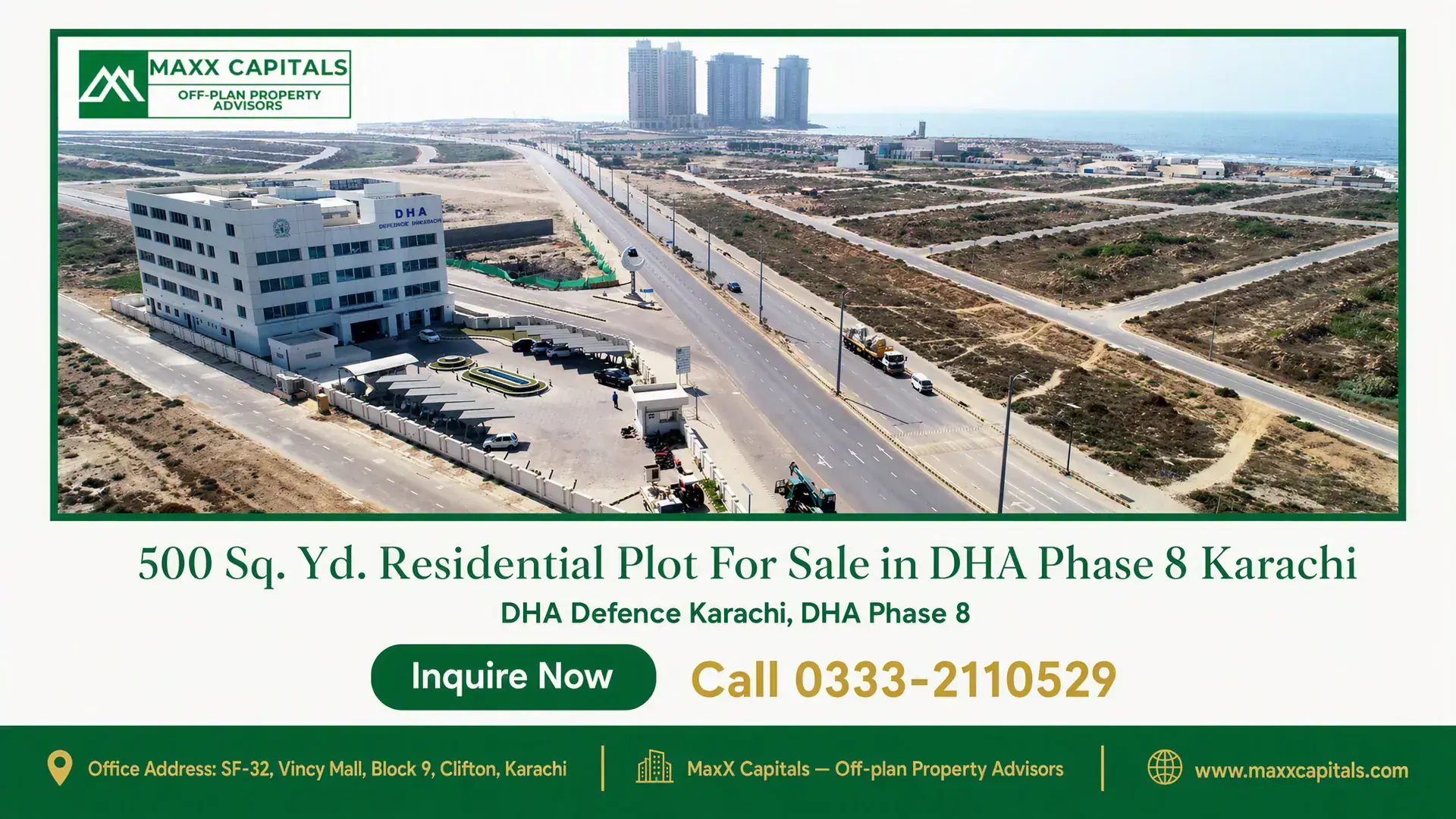 500 Sq. Yd. Residential Plot For Sale in DHA Phase 8 Karachi Aerial view of a prominent DHA office building, open plots, wide roads, and coastal surroundings in DHA Phase 8 Karachi.