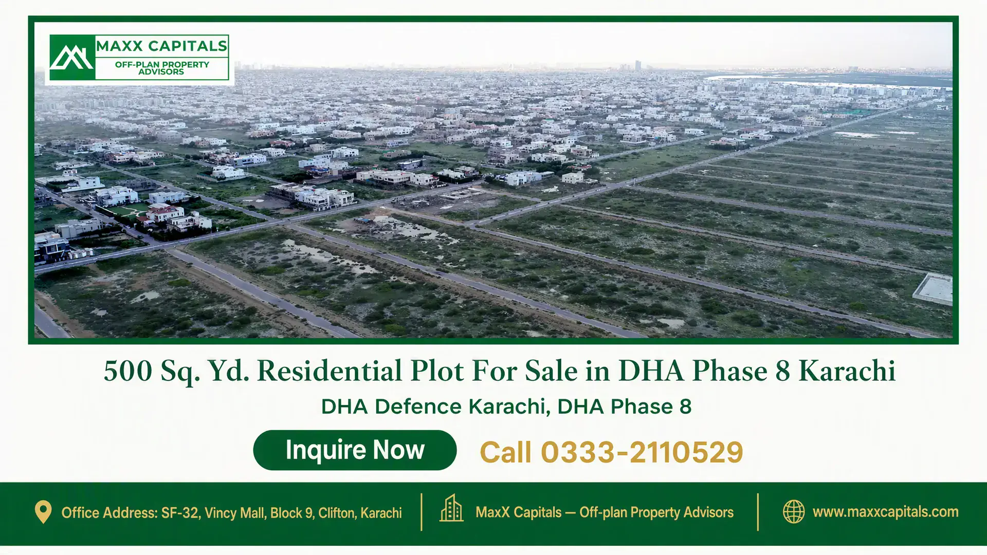 500 Sq. Yd. Residential Plot For Sale in DHA Phase 8 Karachi Aerial view of developed and under-construction residential plots in DHA Phase 8 Karachi with aligned roads and greenery.