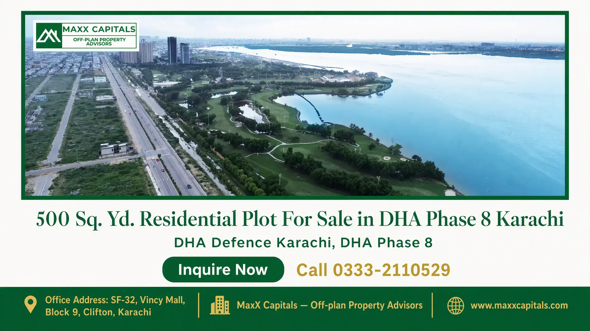 500 Sq. Yd. Residential Plot For Sale in DHA Phase 8 Karachi Aerial view of a 500 sq. yd. residential plot for sale in DHA Phase 8 Karachi, with lush greenery, waterfront, and city skyli