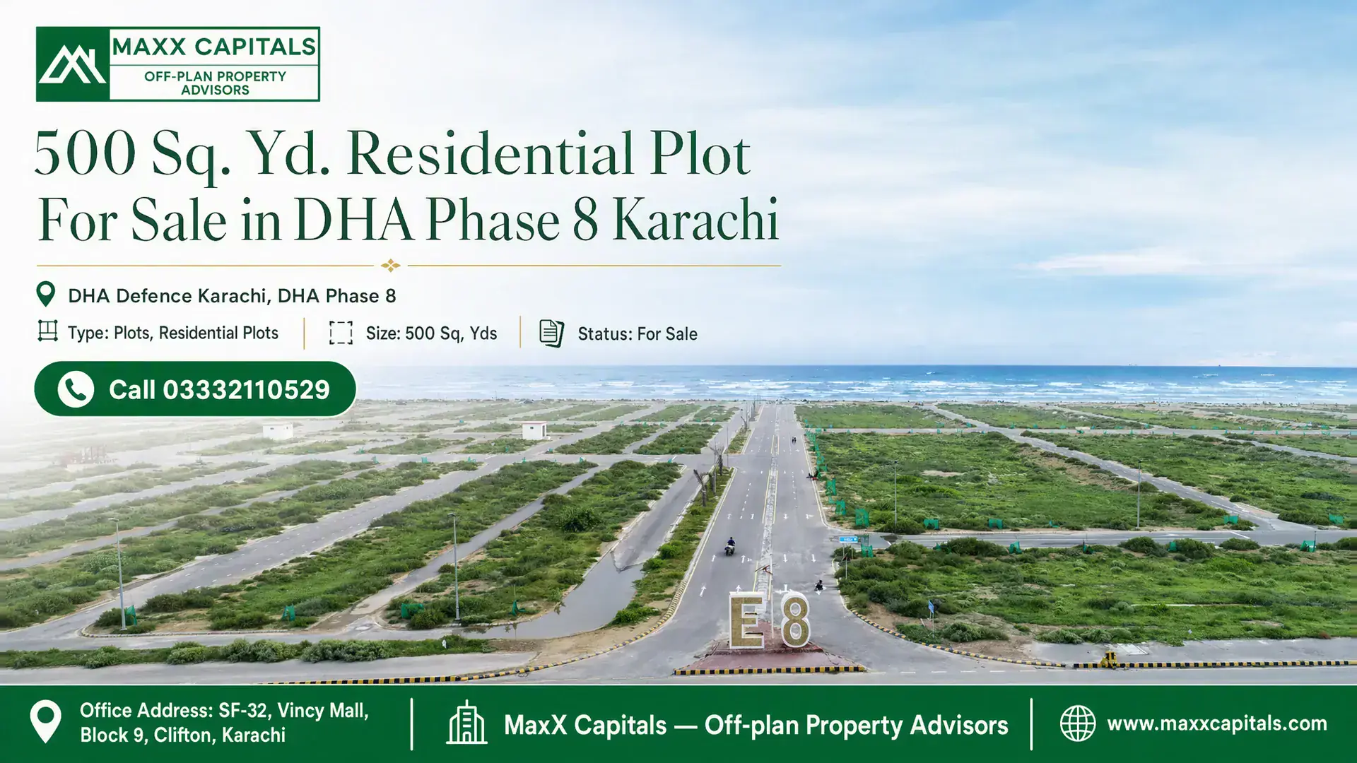 500 Sq. Yd. Residential Plot For Sale in DHA Phase 8 Karachi A 500 sq. yd. residential plot for sale in DHA Phase 8 Karachi, showcasing paved roads and proximity to the sea under a clear