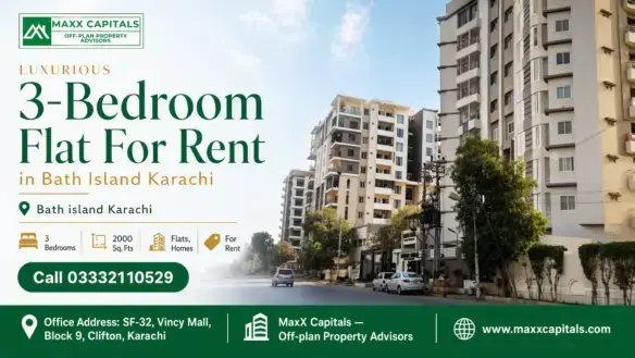 Street View Of Modern Apartment Buildings In Bath Island Karachi, Highlighting The 3-Bedroom Flat For Rent.