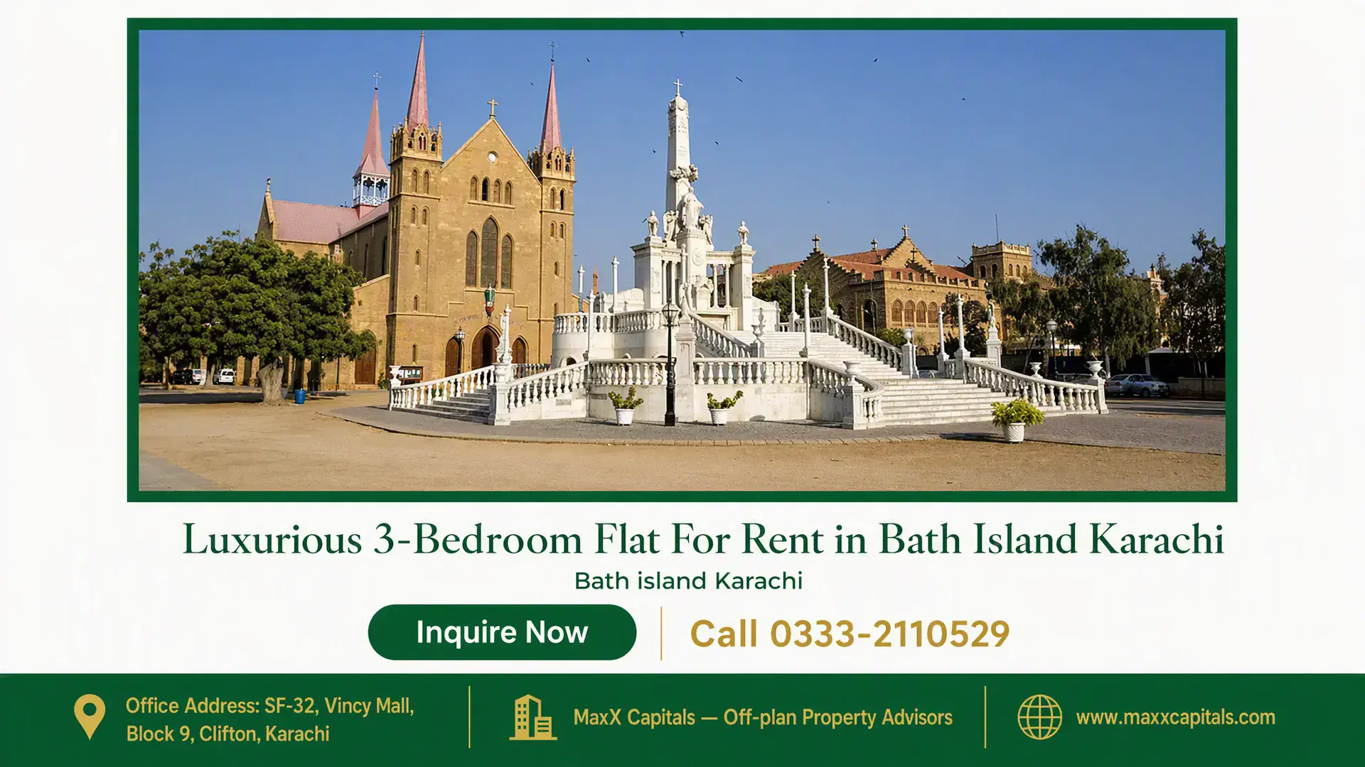 Luxurious 3-Bedroom Flat For Rent in Bath Island Karachi Historic architecture featuring a grand stone church with pointed spires and a foreground of a white stone monument in Bath I