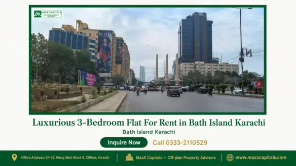 Luxurious 3-bedroom flat located in Bath Island Karachi with nearby commercial landmarks, modern infrastructure, and lush gre