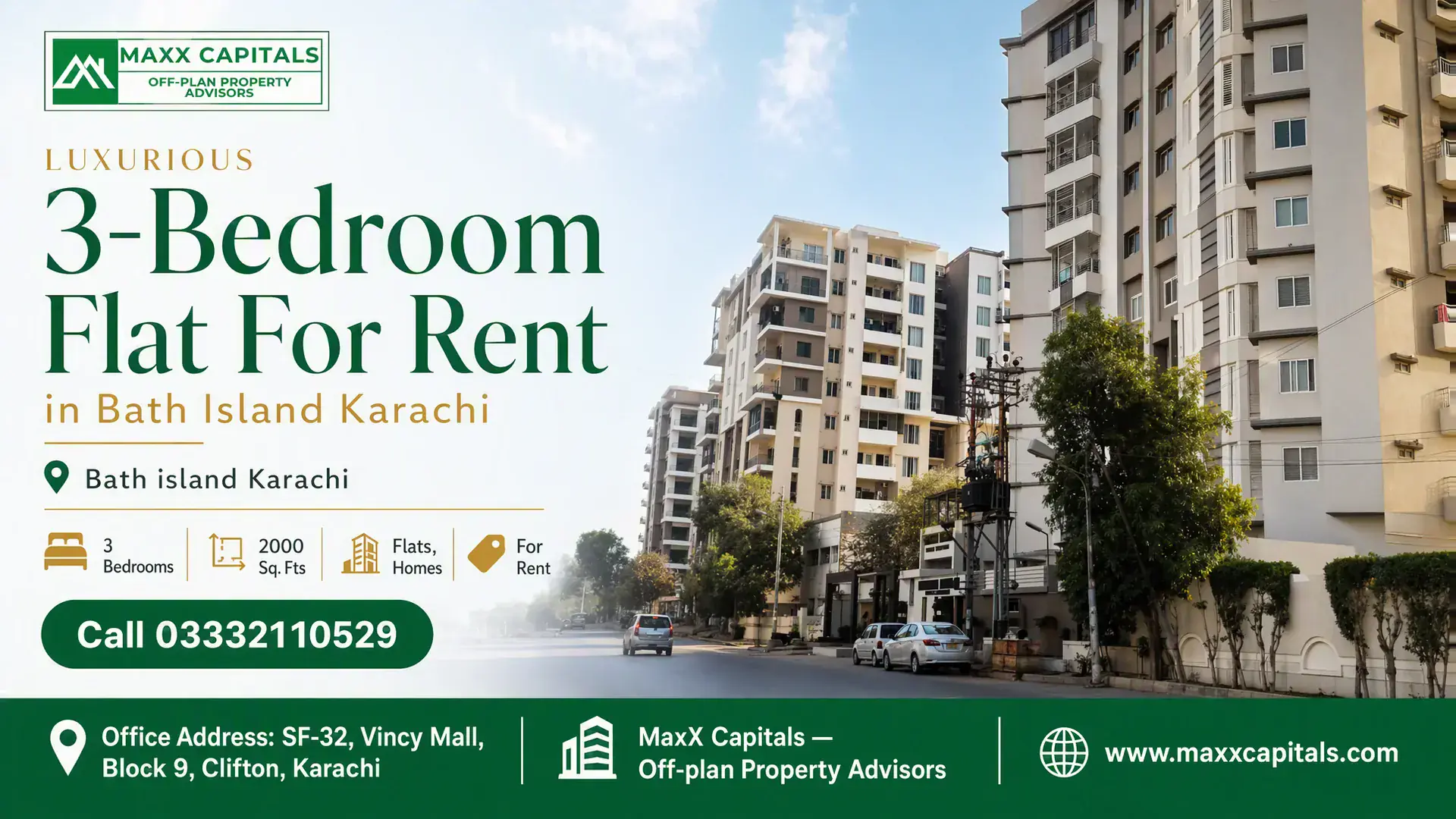 Luxurious 3-Bedroom Flat For Rent in Bath Island Karachi Street view of modern apartment buildings in Bath Island Karachi, highlighting the 3-bedroom flat for rent.