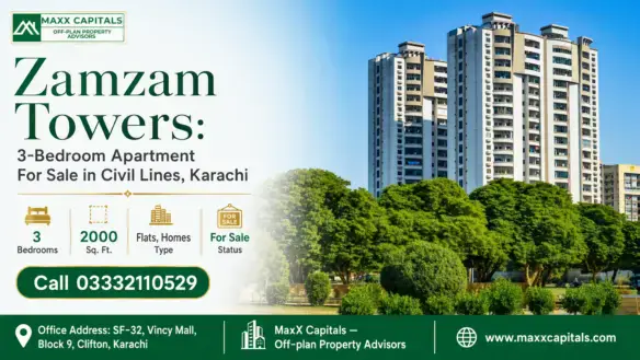 Zamzam Towers In Civil Lines Karachi, Featuring Modern High-Rise Design With Lush Greenery In Front.