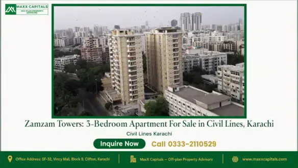 A pair of modern high-rise residential towers surrounded by greenery in Civil Lines, Karachi, with cityscape in the backgroun