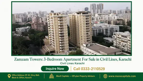Zamzam Towers in Civil Lines Karachi, featuring twin beige high-rise buildings amidst a modern urban landscape.