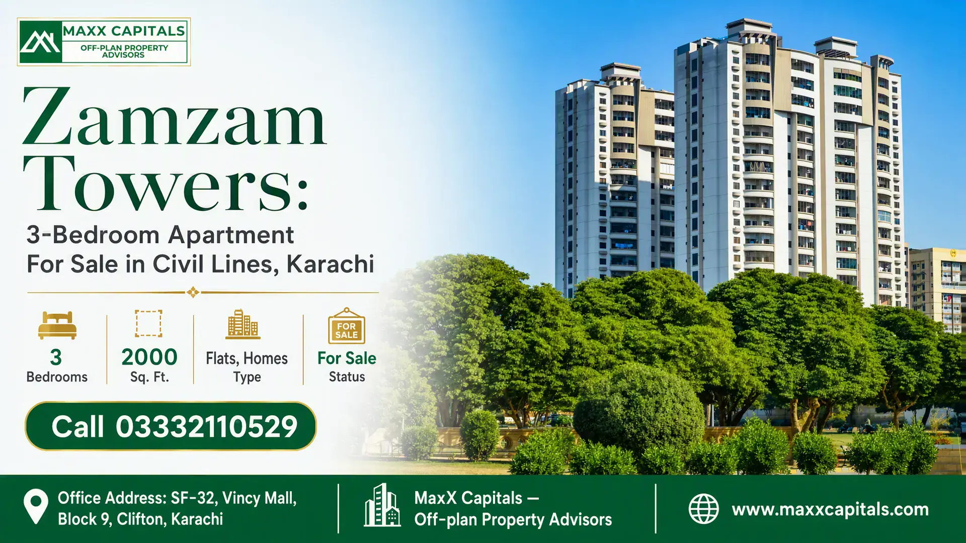 Zamzam Towers: 3-Bedroom Apartment For Sale in Civil Lines, Karachi Zamzam Towers in Civil Lines Karachi, featuring modern high-rise design with lush greenery in front.