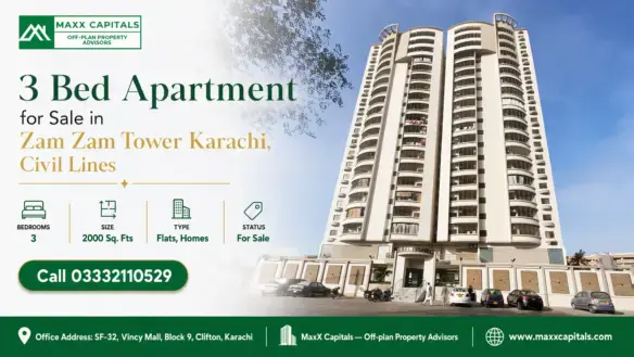 Tall, Modern White Zam Zam Tower In Karachi'S Civil Lines With Arched Balconies And A Clear Blue Sky Above.