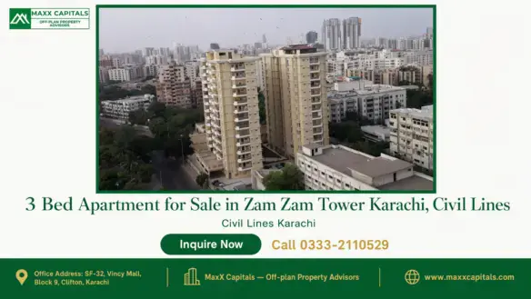 Aerial view of Zam Zam Tower Karachi, featuring modern beige twin towers surrounded by greenery in the Civil Lines area.