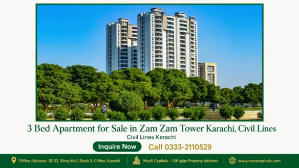 Modern high-rise residential tower surrounded by lush green landscaping in Zam Zam Tower Karachi, Civil Lines.