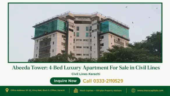 Abeeda Tower in Civil Lines, Karachi featuring a modern facade with glass paneling and lush green surroundings.