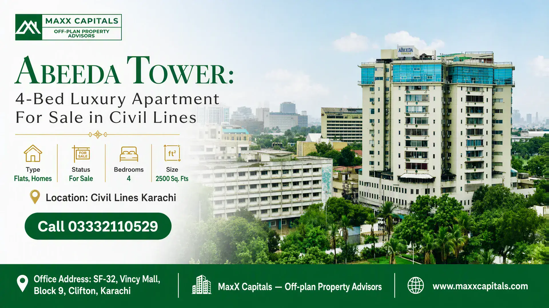 Abeeda Tower: 4-Bed Luxury Apartment For Sale in Civil Lines Abeeda Tower, a modern high-rise building in Civil Lines surrounded by lush greenery and offering luxury 4-bedroom apartments