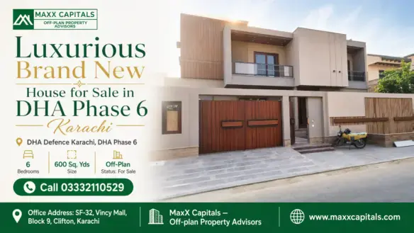 Contemporary Brand New House For Sale In Dha Phase 6 Karachi, Featuring A Sleek Facade With Wooden Accents And Modern Design.