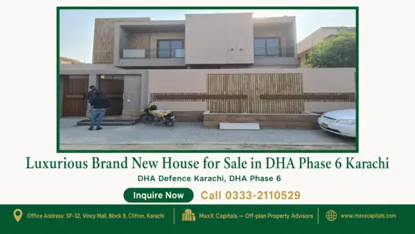 Modern two-story house with wooden accents, large windows, and a gated entrance in DHA Phase 6 Karachi.