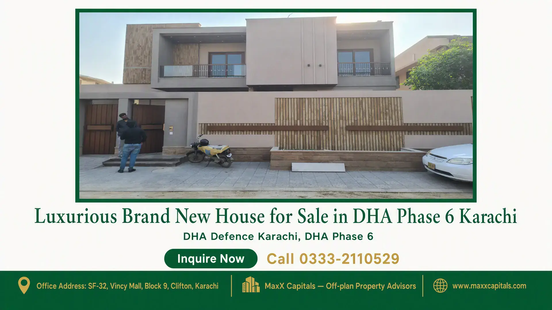 Luxurious Brand New House for Sale in DHA Phase 6 Karachi Modern two-story house with wooden accents, large windows, and a gated entrance in DHA Phase 6 Karachi.