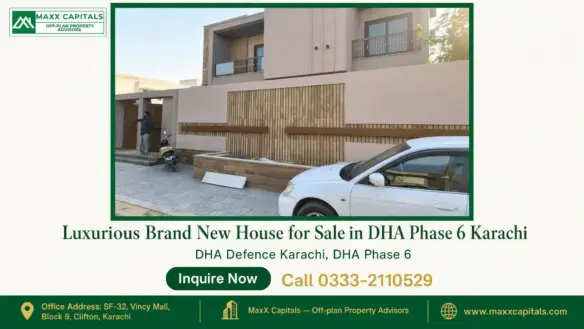Modern double-story house with wooden paneling, glass balconies, and paved driveway in DHA Phase 6 Karachi.