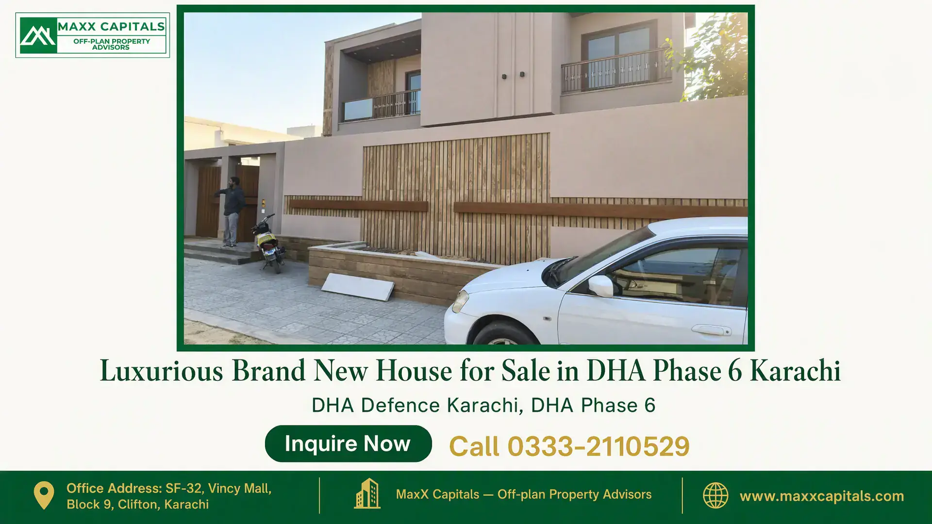 Luxurious Brand New House for Sale in DHA Phase 6 Karachi Modern double-story house with wooden paneling, glass balconies, and paved driveway in DHA Phase 6 Karachi.