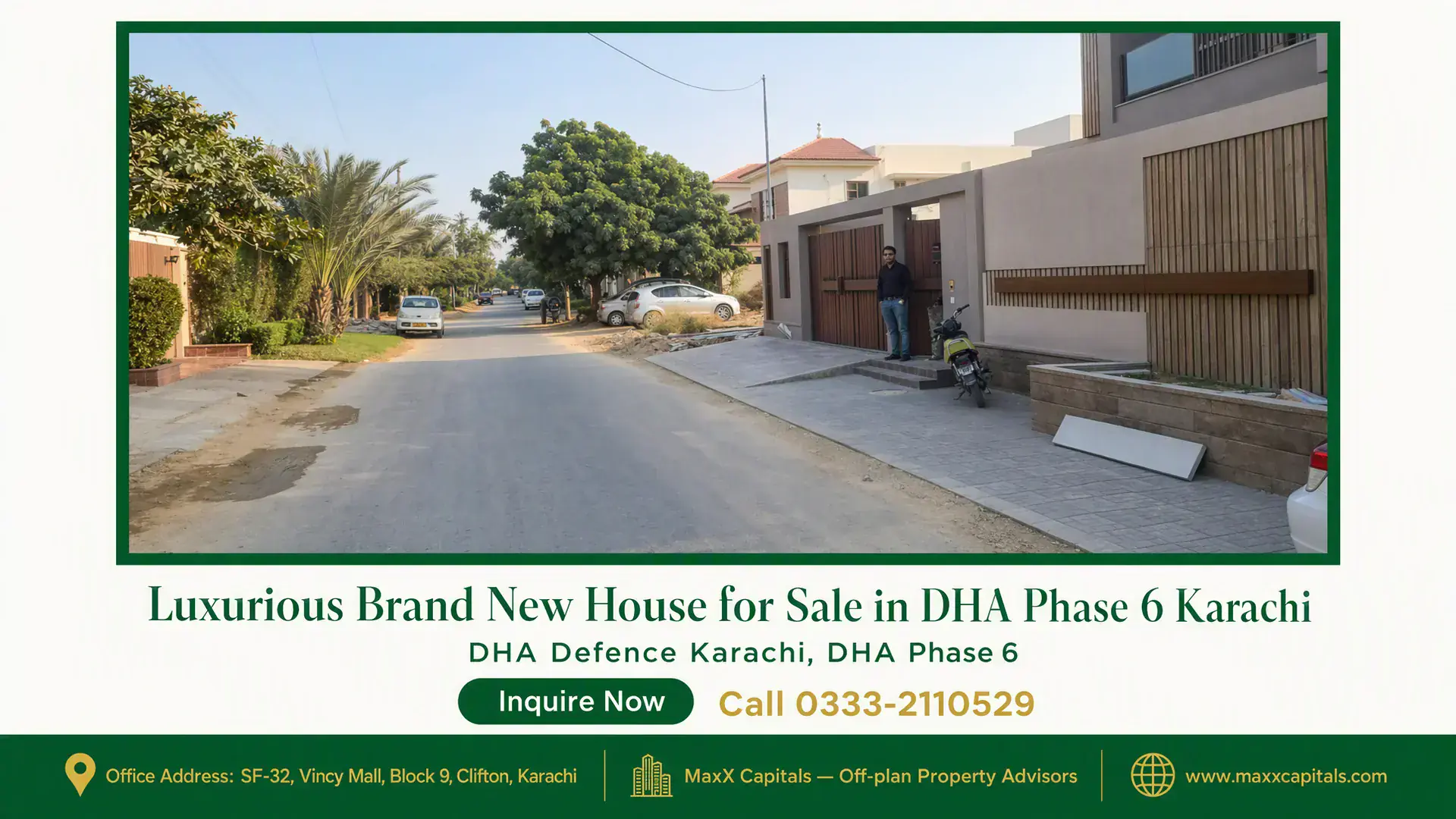 Luxurious Brand New House for Sale in DHA Phase 6 Karachi Modern house exterior with gated entry and landscaped surroundings in DHA Phase 6 Karachi, located on a quiet street.