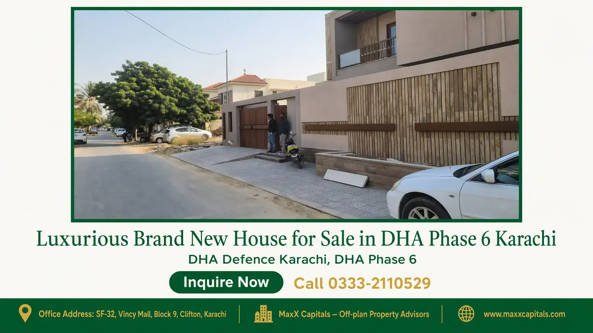 Luxurious Brand New House for Sale in DHA Phase 6 Karachi Modern house exterior with wooden panel accents, gated driveway, and contemporary street view in DHA Phase 6 Karachi.
