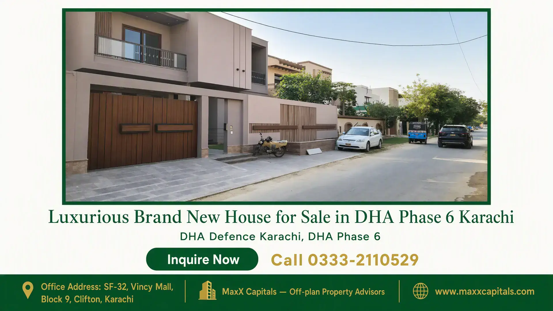 Luxurious Brand New House for Sale in DHA Phase 6 Karachi Modern double-story house with a wooden gate, balcony, and paved driveway located in DHA Phase 6 Karachi.