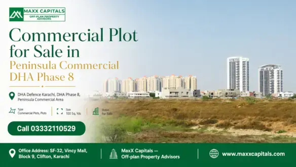 Expansive Commercial Plot In Peninsula Commercial Area, Dha Phase 8, Karachi, With High-Rise Buildings In The Background.