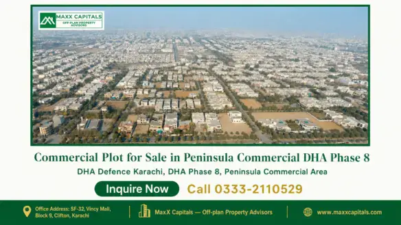 Expansive aerial view of Peninsula Commercial DHA Phase 8 showcasing organized urban plots and modern infrastructure.