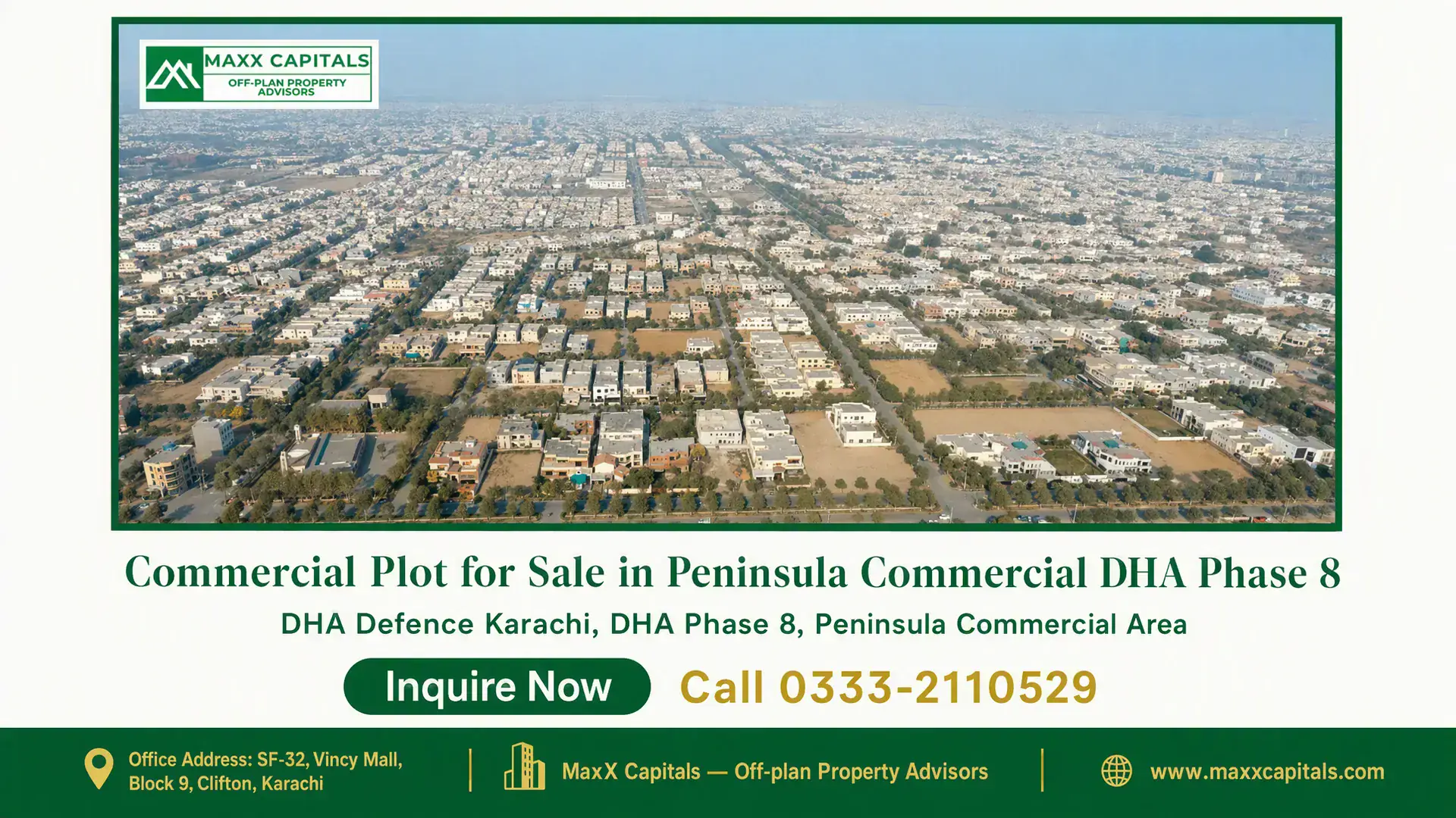 Commercial Plot for Sale in Peninsula Commercial DHA Phase 8 Expansive aerial view of Peninsula Commercial DHA Phase 8 showcasing organized urban plots and modern infrastructure.