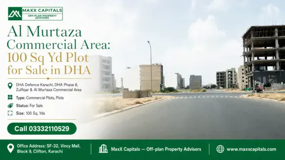Wide Street View Of Al Murtaza Commercial Area In Dha With Under-Construction And Modern Buildings.