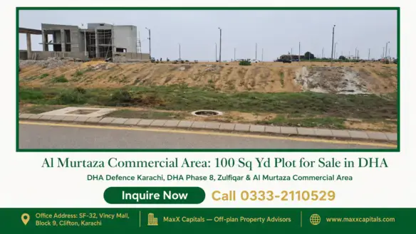 Vacant plot in Al Murtaza Commercial Area, surrounded by under-construction commercial structures and a paved road in DHA Pha