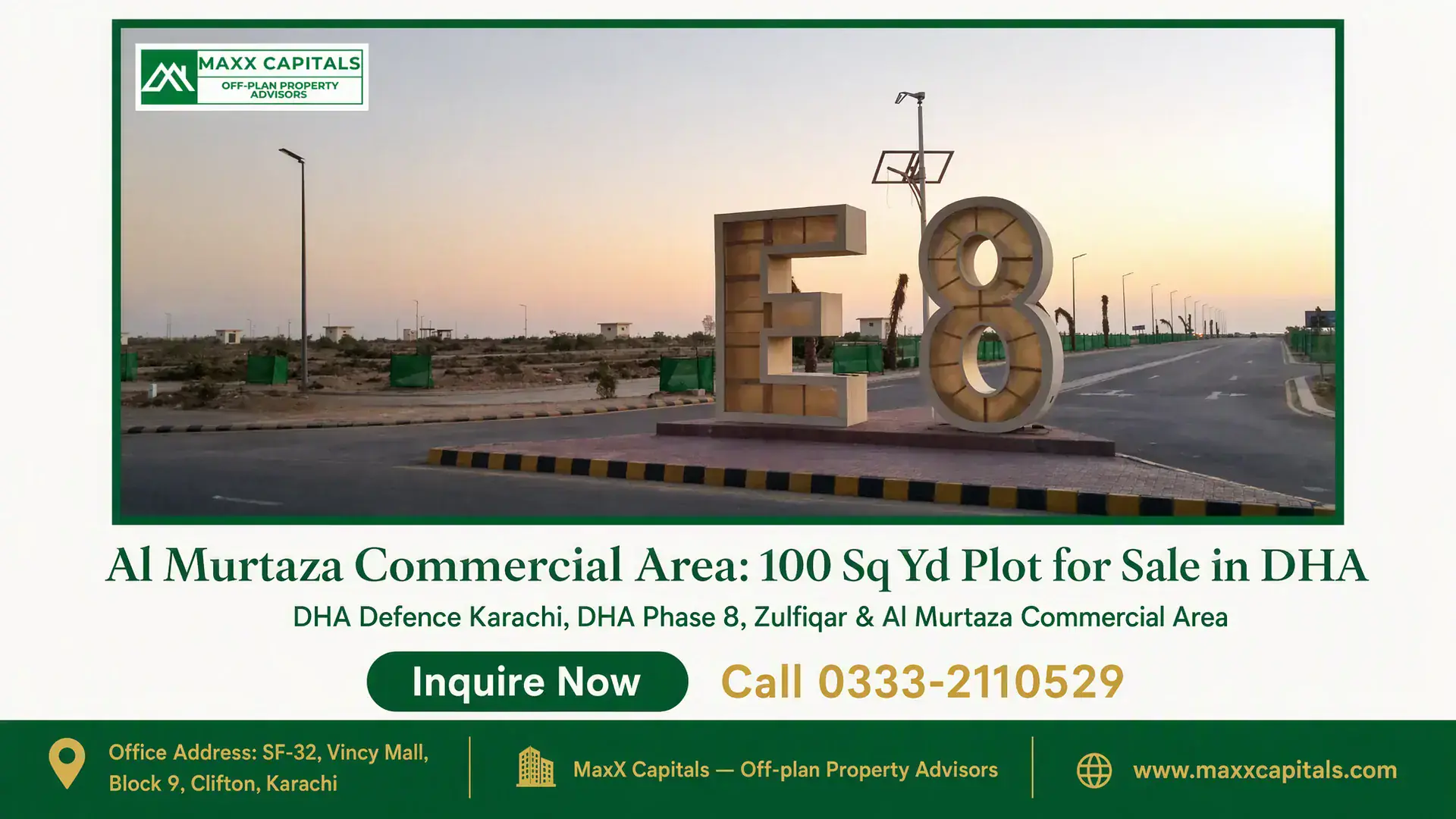 Al Murtaza Commercial Area: 100 Sq Yd Plot for Sale in DHA E8 designation at Al Murtaza Commercial Area in DHA with paved roads, greenery, and modern streetlights at sunset.