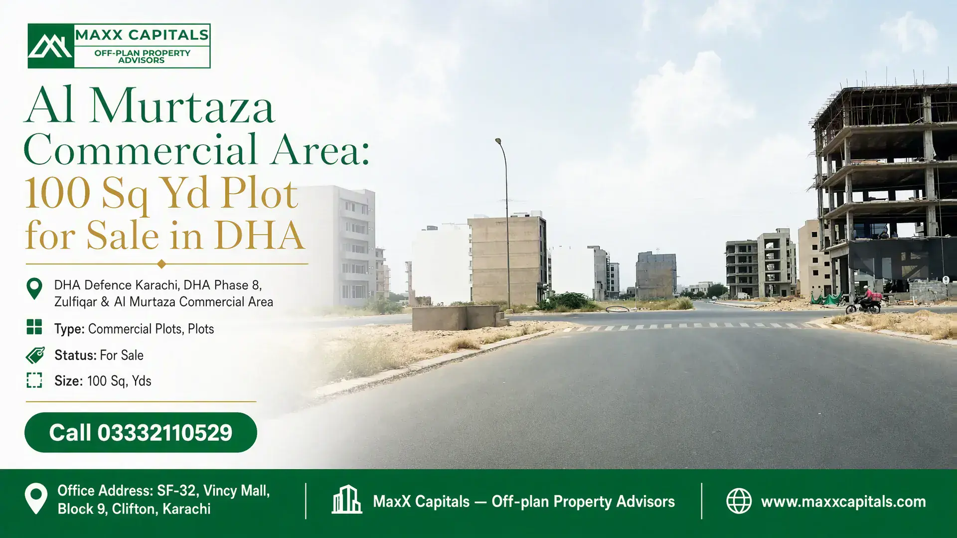 Al Murtaza Commercial Area: 100 Sq Yd Plot for Sale in DHA Wide street view of Al Murtaza Commercial Area in DHA with under-construction and modern buildings.