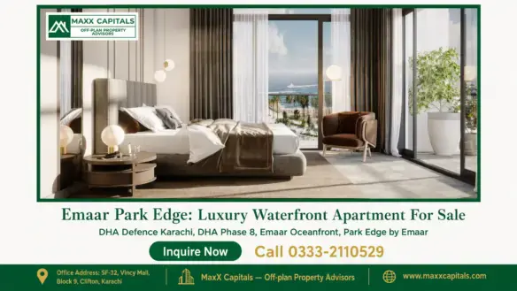 Elegant Waterfront Bedroom In Emaar Park Edge Featuring A King-Size Bed, Modern Furnishings, And Floor-To-Ceiling Windows Ove