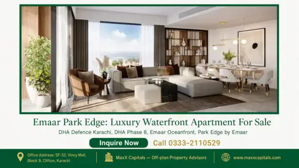 Luxury waterfront apartment living room with large windows, neutral-toned furniture, modern decor, and ocean views at Emaar P