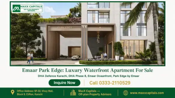 Grand entrance of Emaar Park Edge with landscaped greenery, modern facade, and luxury vehicles in the driveway.